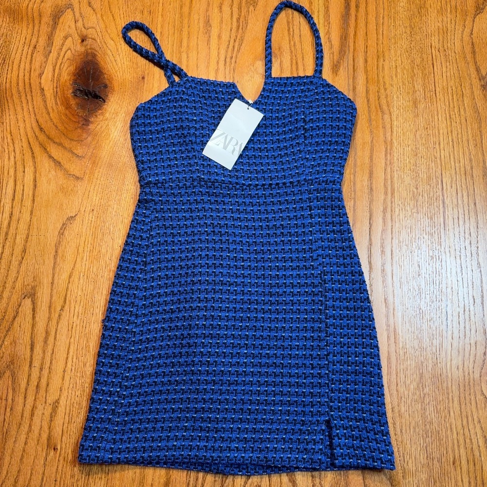 Zara Textured Tweed Weave Mini Dress Womens Small Blue Tank Spaghetti Straps NWT